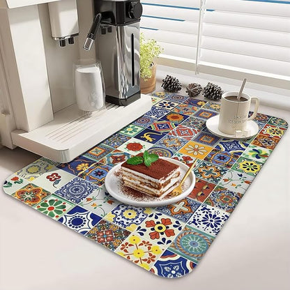Dish Drying Mat for Kitchen Counter 2 Pack with Non-Slip Rubber Backing - Heat-Resistant Absorbent Coffee Bar Mat, Dish Rack Mat, Talavera Mexican Tiles Dish Drying Mats 18x24+19.5x12 inch