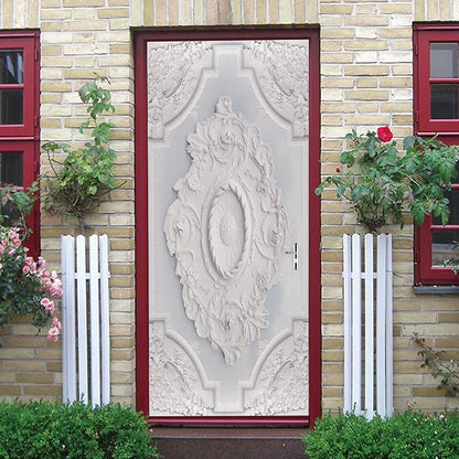 A.Monamour 3D Door Stickers for Interior Doors Luxury White Wall Design with Flowers Relief Moldings Vinyl Waterproof Self Adhesive Door Mural Decals for Bedroom Office Bathroom 77x200cm
