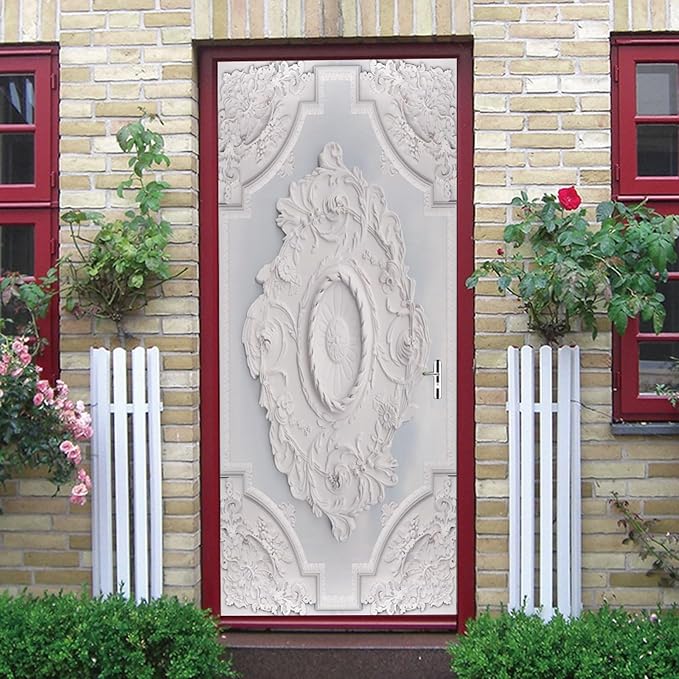 A.Monamour 3D Door Stickers for Interior Doors Luxury White Wall Design with Flowers Relief Moldings Vinyl Waterproof Self Adhesive Door Mural Decals for Bedroom Office Bathroom 85x215cm