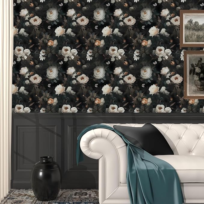 Fvlow Dark Wallpaper Floral Peel and Stick 17.4" x 118" Black White Contact Paper Vintage Watercolor Self Adhesive Covering for Bedroom Cabinet Bathroom Home Decor