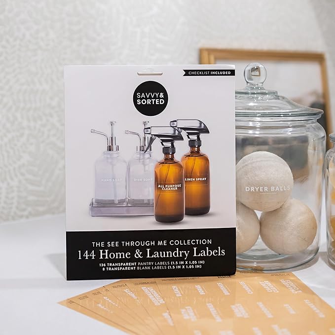 Laundry Labels for Jars, 144 Preprinted Home and Laundry Label Stickers for Storage Bins, Cleaning Jars, Spray Bottles, Linen Closet, Household Organization
