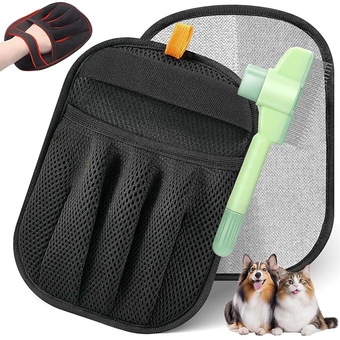 2-in-1 Flea Comb & Electrostatic Glove Set for Cats & Dogs | Removes Fleas, Tangles, Loose Hair & Dander | Bonus Pet Hair Remover for Furniture, Carpet & Bedding