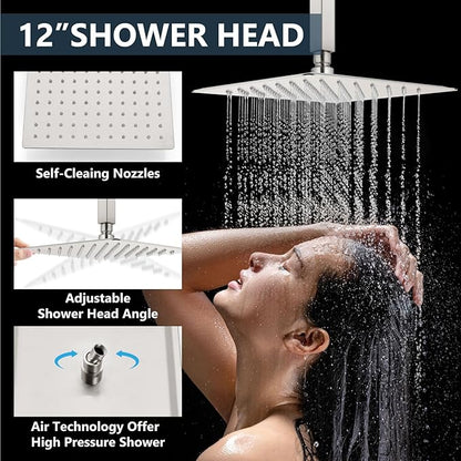 Aolemi Shower Faucet Set Ceiling Mount Shower System Rough-in Valve and Shower Trim Kit 2 in 1 Handheld Spray Push Button Diverter 12 and 6 Inch Dual Shower Head Brushed Nickel