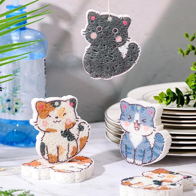 8 Pcs Christmas Sponges Dish Scrubber, Cute Kitchen Scrub Dual Sided Dishwashing Sponge Reusable Cleaning for Kitchen Dishes Furniture (Cat)