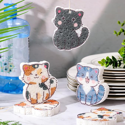 8 Pcs Christmas Sponges Dish Scrubber, Cute Kitchen Scrub Dual Sided Dishwashing Sponge Reusable Cleaning for Kitchen Dishes Furniture (Cat)