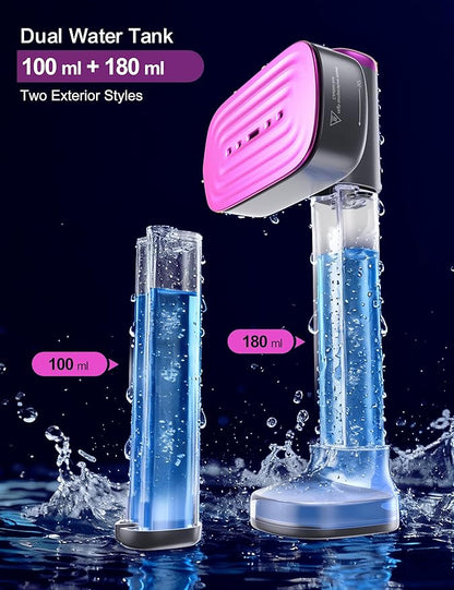 Travel Steamer for Clothes, with 2 Water Tanks (180 ml and 100 ml), Fast Heating, 24g/min Strong Steam, Mini Clothes irons LED Touch Display Dry Ironing, 1200W Portable Steamer ＆ Iron 2 In 1