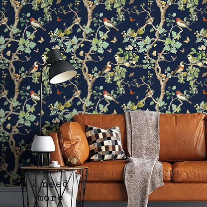 Nukofal Dark Bird Peel and Stick Wallpaper Vintage Floral Contact Paper 16.9inch x 393.7inch Dark Floral Wallpaper Peel and Stick Boho Self Adhesive Removable Wall Paper for Cabinets Bathroom Decor