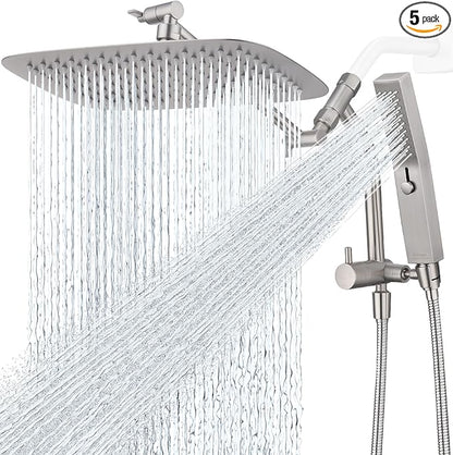 G-Promise All Metal 12 Inch Shower Head with Massage Mode Handheld, Rain Shower Head with Handheld Spray Combo, 3-Way Diverter with Pause Setting, 11 Inch Adjustable Extension Arm (Brushed Nickel)