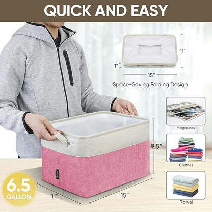 BALEINE 1 Pack Fabric Closet Storage Bins for Shelves, Linen Closet Organizers and Storage, Decorative Baskets for Organizing, Shelf, Clothes, Home, Office (Pink, 15''x11''x9.5'')