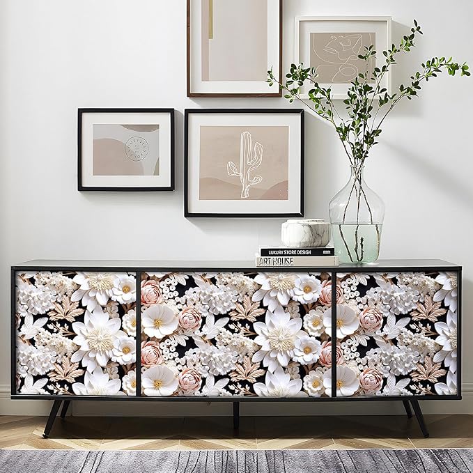 FunStick 17.5"x354" White Faux 3D Floral Peel and Stick Wallpaper Black Pink Embossed Floral Wallpaper for Bathroom Living Room Accent Wall Panels Self Adhesive Contact Paper for Walls Shelves Vinyl
