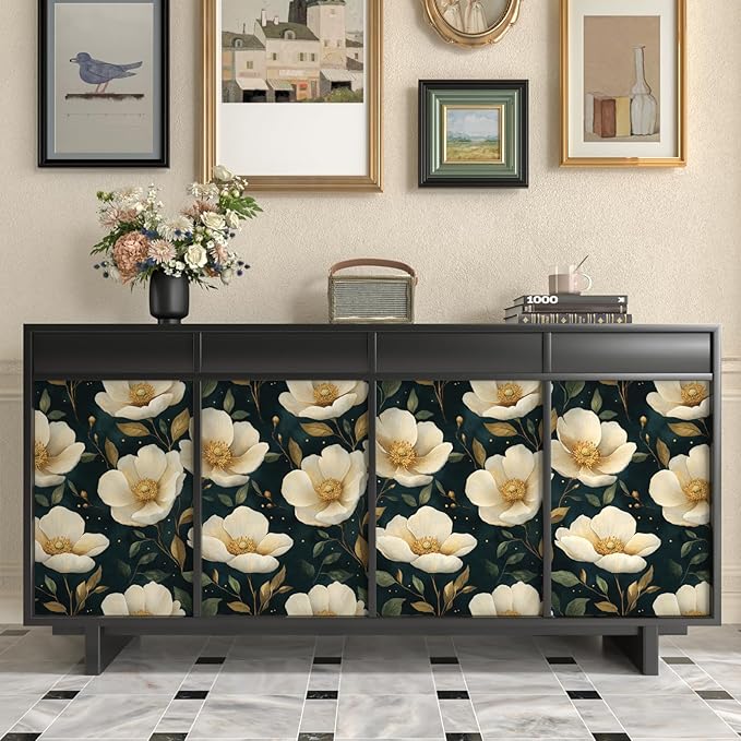 Fvlow Large Dark Floral Wallpaper Peel and Stick, White/Gold Flowers Contact Paper Waterproof Self-Adhesive Boho Wall Paper for Bedroom Countertop Desk Cabinets Decor 17.4" x 118" Renter Friendly
