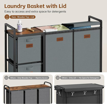 Hoctieon 4 Section Laundry Cart, 48 Gal. (182L) Laundry Hamper with Lid, Laundry Basket with Wheels, Rolling Laundry Sorter Organizer with Shelf, Clothes Separator with Removable Bags, Gray