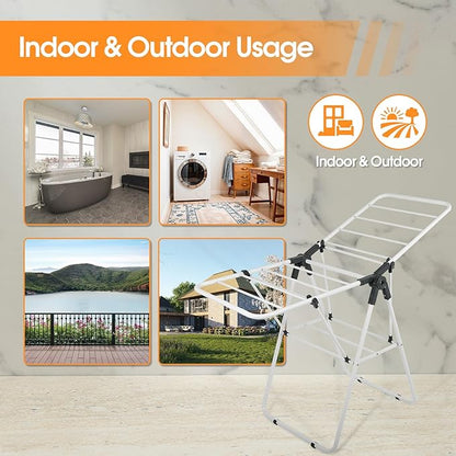 Clothes Drying Rack, Metal Foldable Laundry Drying Rack, with Adjustable Height Levels Wings, Space Saving, Indoor Outdoor Use, White Free-Standing Airer