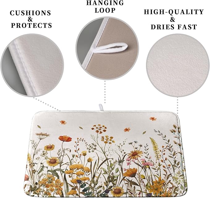 Fall Floral Dish Drying Mat for Kitchen Counter Autumn Burnt Orange Wild Flowers Dish Draining Mat Absorbent Microfiber Dishes Pad Washable Dish Drainer Rack Mat Medium 16"x18"