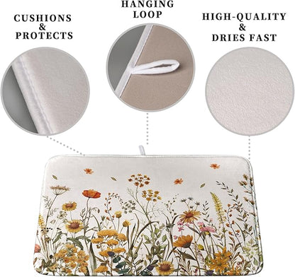 Fall Floral Dish Drying Mat for Kitchen Counter Autumn Burnt Orange Wild Flowers Dish Draining Mat Absorbent Microfiber Dishes Pad Washable Dish Drainer Rack Mat Medium 16"x18"