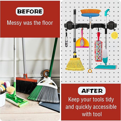 ULIBERMAGNET Magnetic Mop Broom Holder,Heavy Duty Movable Magnetic Broom Holder Rack,Anti-slip Wall Mounted Utility Storage Mop Shovel Hanger for Garage, Kitchen, Laundry, Garden(3 Racks / 4 Hooks)