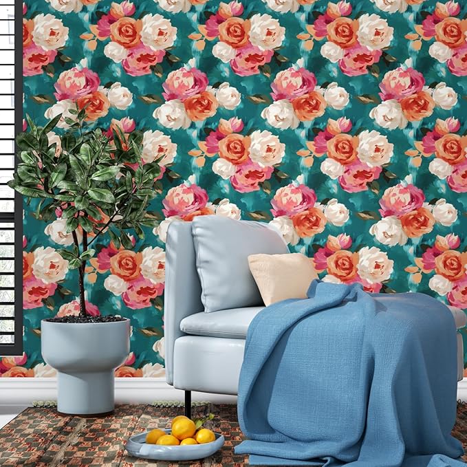 Watercolor Floral Wallpaper Peel and Stick, Blue and Pink Rose Flower Contact Paper Removable Waterproof Self-Adhesive Wall Paper for Bedroom Countertop Desk Cabinets Decor 17.4" x 78" Renter Friendly