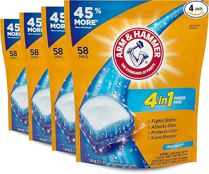 Arm & Hammer 4-in-1 Laundry Detergent Power Paks, Fresh, 58 Count (Pack of 4)
