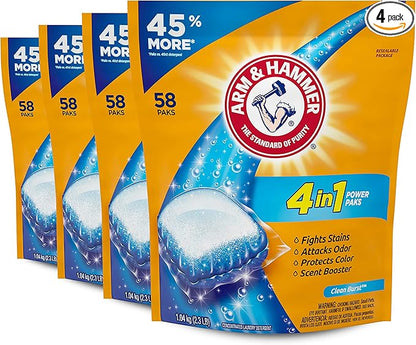 Arm & Hammer 4-in-1 Laundry Detergent Power Paks, Fresh, 58 Count (Pack of 4)