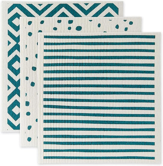 DII Swedish Dishcloths for Kitchen & Cleaning, Reusable, Machine Washable & Dishwasher Safe, Biodegradable, 7.75 x 6.75, Teal & White