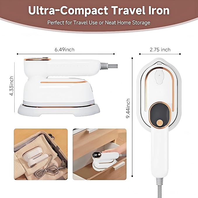 Travel Steamer, Steamer for Clothes, 1200W Clothes Steamer with 10-Second Fast Heat Up, LED Display and 180° Rotatable Handle, Ceramic Soleplate for Travel Home and Office