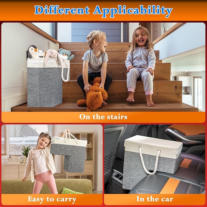 2 PACK | Stair Basket Organizer with Top Lid for Carpeted Stairs & Wooden Staircases. Versatile Sturdy Linen Storage Bag for Climbing, Laundry & Shoe