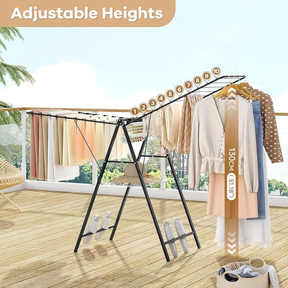 APEXCHASER Clothes Drying Rack Foldable, Metal Laundry Drying Rack with Height Adjustable Rails, Ultra Thin Drying Rack Clothing Towel Sweater Shoe for Indoor Outdoor, Gullwing Clothes Airer, Black