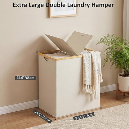 efluky Laundry Hamper with Lid, Double Laundry Hamper with 2 Removable Bags, 2 Section Laundry Basket with Bamboo Handles for Bathroom, Bedroom & Laundry Room, 140L (36.9 Gallon) Beige