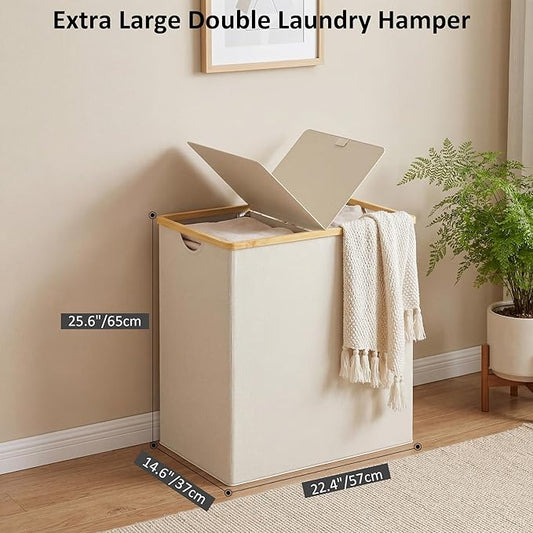 efluky Laundry Hamper with Lid, Double Laundry Hamper with 2 Removable Bags, 2 Section Laundry Basket with Bamboo Handles for Bathroom, Bedroom & Laundry Room, 140L (36.9 Gallon) Beige