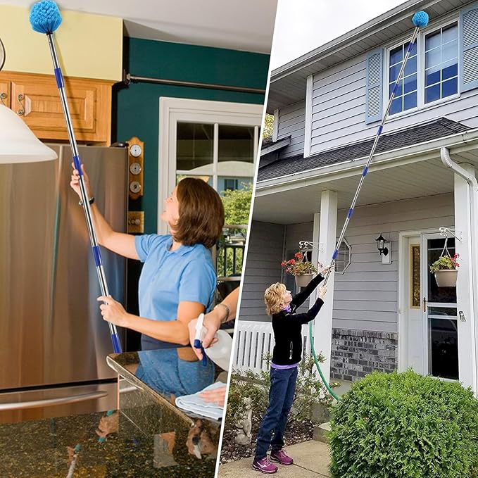 Cobweb Duster with Extension Pole, 6FT Adjustable Stainless Steel Handle & 360° Flexible Duster Head, Lightweight Washable Web Brush for High Ceiling - Indoor Outdoor Use