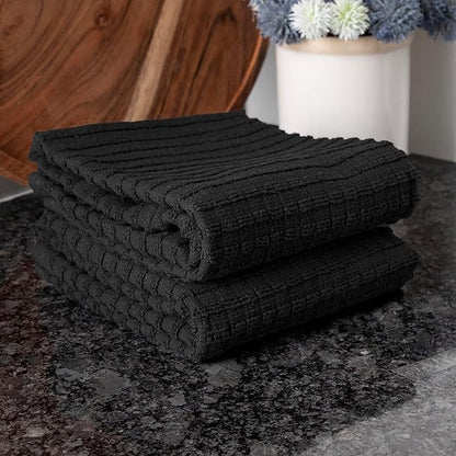 Ritz Royale Collection 100% Combed Terry Cotton, Highly Absorbent, Oversized, Kitchen Towel Set, 28" x 18", 2-Pack, Solid Black