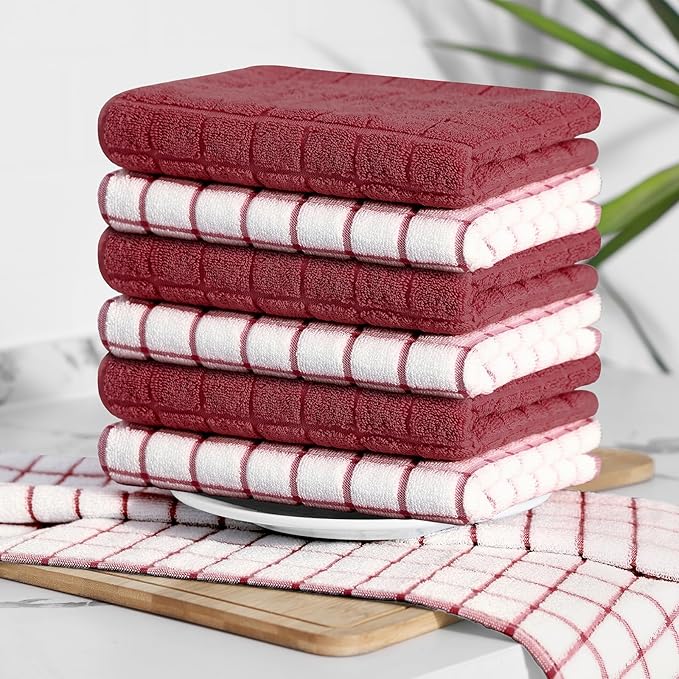 Homaxy Premium Cotton Kitchen Towels 16"x 28", Large Natural Ring Spun 390 GSM Dish Towels, Super Absorbent Terry Kitchen Hand Towels, Soft Tea Towels with Hanging Loop, Red Check Design, 8 Pack
