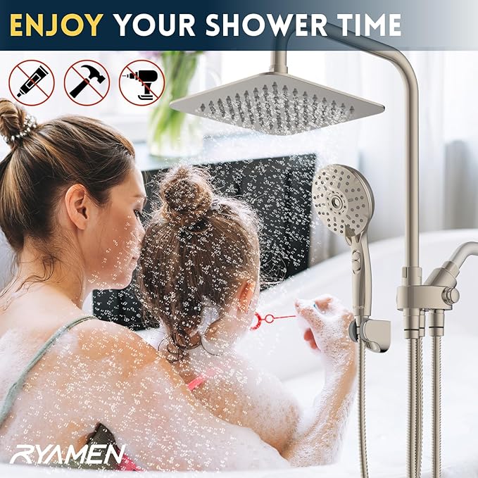 Ryamen Dual Shower Head Combo, Brushed Nickel 8'' High Pressure Rain/Rainfall Shower Head, 6 Settings Adjustable Handheld Showers, with 15" Height Adjustable Slide Bar, Holder/59’‘ Hose