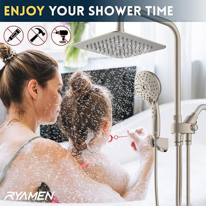 Ryamen Dual Shower Head Combo, Brushed Nickel 8'' High Pressure Rain/Rainfall Shower Head, 6 Settings Adjustable Handheld Showers, with 15" Height Adjustable Slide Bar, Holder/59’‘ Hose