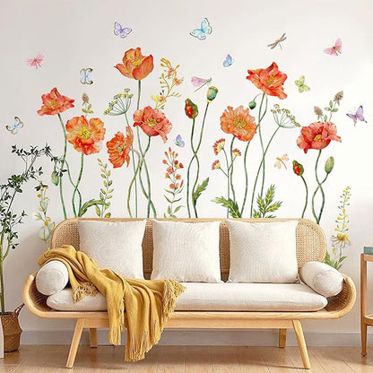 Floral Butterflies Wall Decal Red Flower with Colorful Butterflies Wall Stickers Peel and Stick Waterproof Decor for Living Room Bedroom
