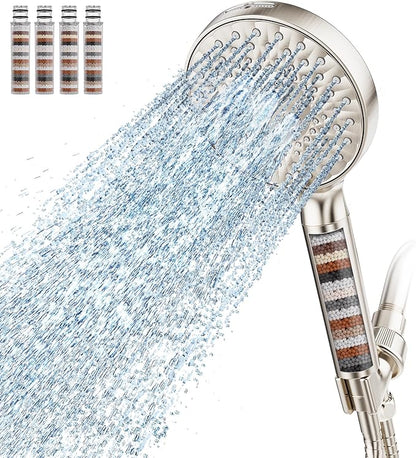 SR SUN RISE Filtered Shower Head with Handheld High Pressure 9 Spray Mode Showerhead Detachable Shower Head Water Softener Filters Beads for Hard Water Remove Chlorine 4 Filters Brushed Nickel