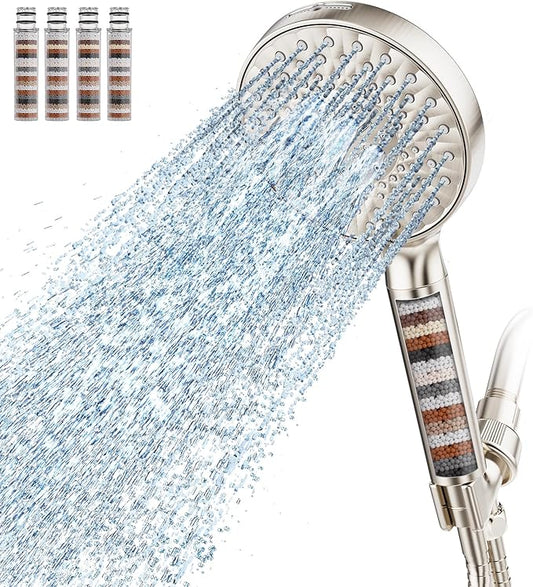SR SUN RISE Filtered Shower Head with Handheld High Pressure 9 Spray Mode Showerhead Detachable Shower Head Water Softener Filters Beads for Hard Water Remove Chlorine 4 Filters Brushed Nickel