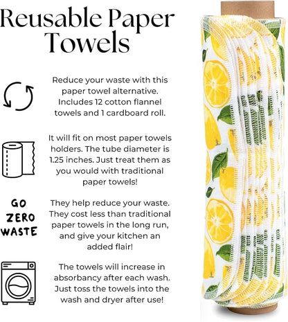 The Useless Brand Reusable Paper Towels Roll | 12 Eco Friendly Washable Cotton Flannel Towels w/Cardboard Roll | Zero Waste & Sustainable | Fits on Most Holders (Lemons, 12 Pack)