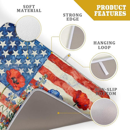4th of July Patriotic Dish Drying Mat for Kitchen Counter 18x24 Red Blue White Floral American Flag Holiday Absorbent Reversible Microfiber Drying Mats Kitchen Countertop Protector Dishes Drainer Pad
