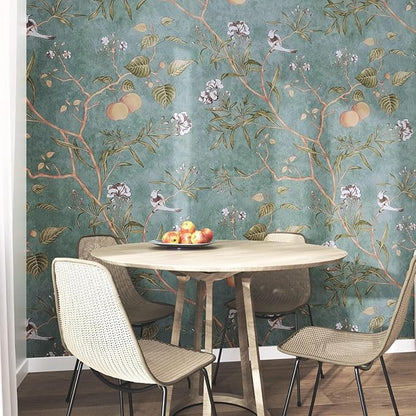 Laatse Green Floral Wallpaper Peel and Stick Bird Wallpaper 17.5" x 393" Vintage Contact Paper Waterproof Self Adhesive Removable Boho Floral Wall Paper for Bedroom Walls Cabinet Locker