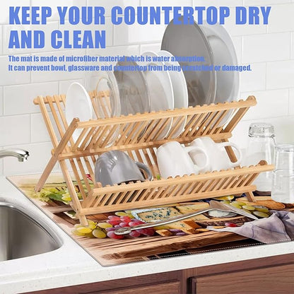 Vintage Red Wine Grape Dish Drying Mat for Kitchen Counter Drying Pad Absorbent Reversible Dish Drainer Rack Mats Draining Pad 18"x24"Inch