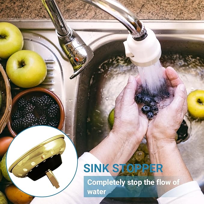 KONE Sink Drain Strainer Gold Sink Stopper and Strainer Stainless Steel Kitchen Sink Strainer Basket Replacement for 3-1/2 Inch Kitchen Sink, with Metal Center Knob and Rubber Drain Stopper