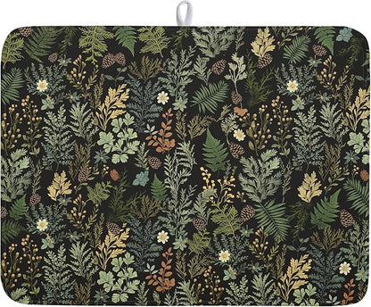 Black Green Botanical Dish Drying Mat for Kitchen Counter 18x24 Inch Super Absorbent Microfiber Kitchen Drying Mat Green Plant Fern Leaves Floral Dish Reusable Washable Dish Drying Pad for Coffee Bar