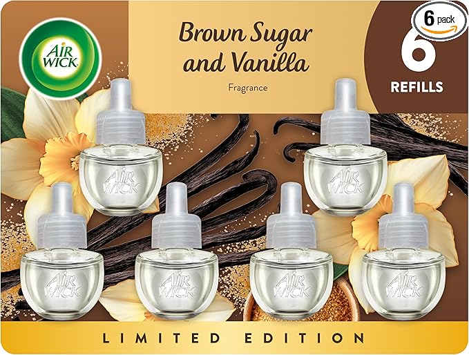 Air Wick Plug In Scented Oil Refill, Infused with Essential Oils, Plug In Air Fresheners for Home, Brown Sugar & Vanilla, 6 ct