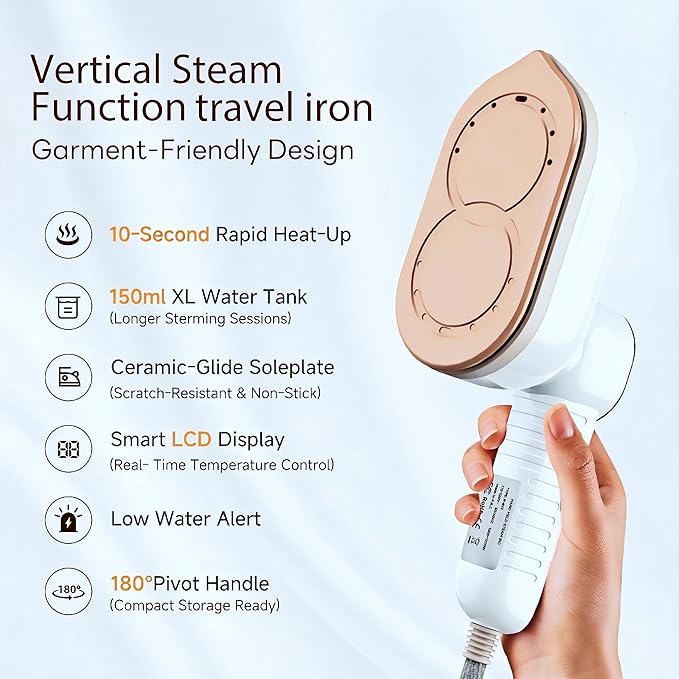 Travel Steamer, Steamer for Clothes, 1200W Clothes Steamer with 10-Second Fast Heat Up, LED Display and 180° Rotatable Handle, Ceramic Soleplate for Travel Home and Office