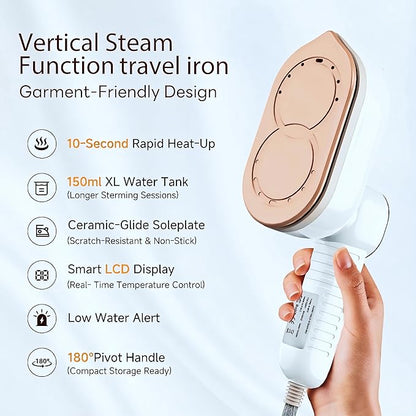 Travel Steamer, Steamer for Clothes, 1200W Clothes Steamer with 10-Second Fast Heat Up, LED Display and 180° Rotatable Handle, Ceramic Soleplate for Travel Home and Office
