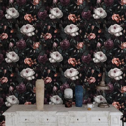 Laatse Dark Floral Peel and Stick Wallpaper, Vintage Floral Contact Paper, Waterproof Self Adhesive Boho Decor Black Rose Wall Paper for Bedroom Walls Bookcase Drawers 17.5in x 9.8ft