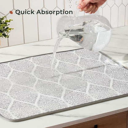 FRESHMINT Printed Dish Drying Mats for Kitchen Counter 2 Pack Absorbent Reversible Drying Mats Microfiber Kitchen Countertop Protector Dishes Drying Pad Extra Large 18"x24" Dish Mat