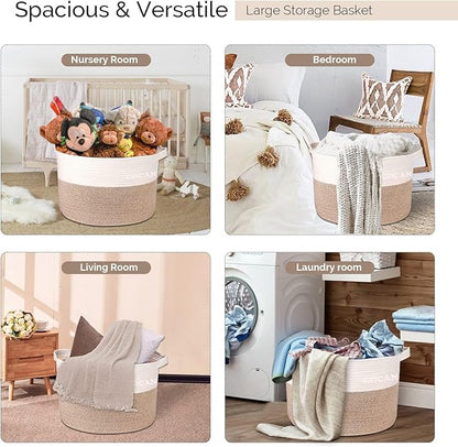 Extra Large Laundry Basket toy storage 22"X22"X14" blanket basket Cotton Rope Woven Baskets with Handles for Living Room (Brown/Beige) XXXL