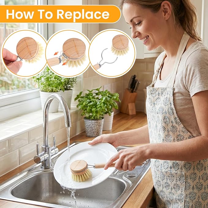 8 Pcs Bamboo Dish Brush Dish Washing Scrub Bottle Brushes Wooden Palm Pot Brush Cleaning Scrubbers with Natural Sisal Bristles Long Handle for Pots Pans, Vegetables, Household Cleaning